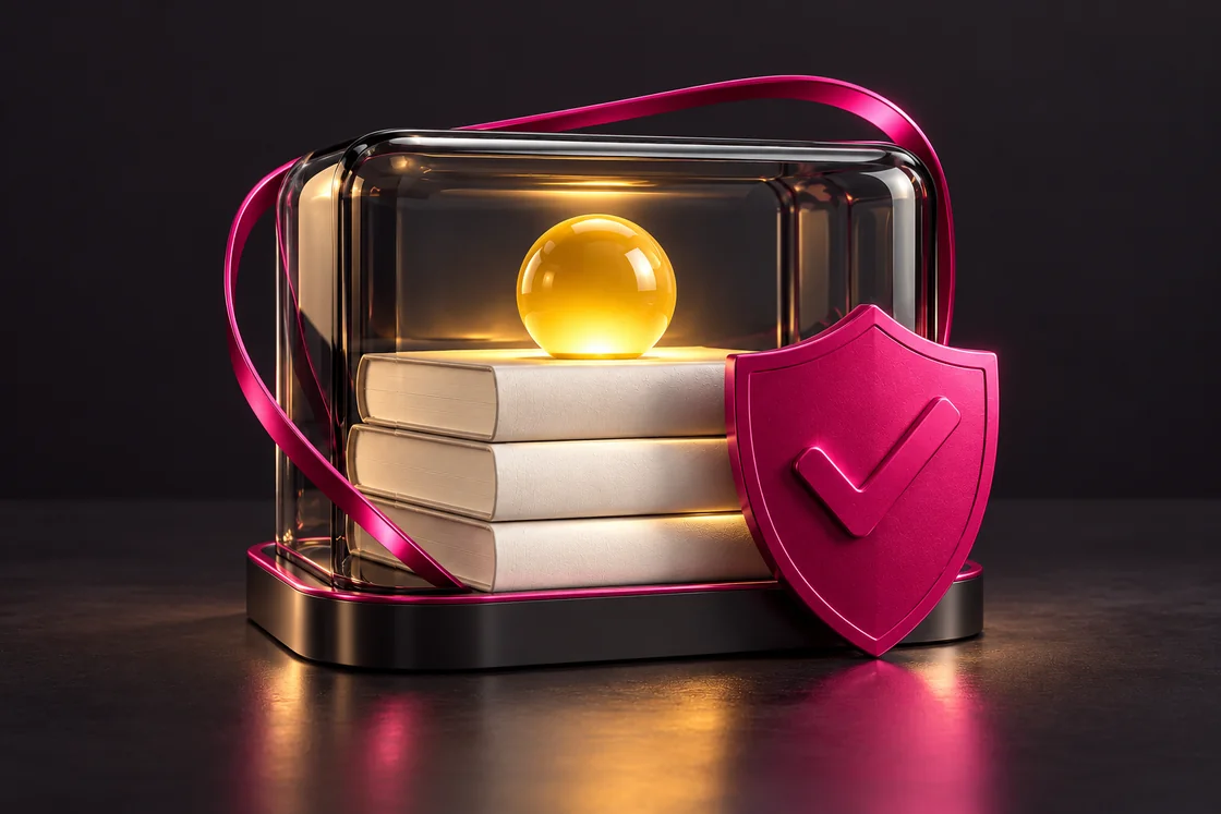 A glass enclosure and magenta shield surrounding books, representing protected company knowledge.