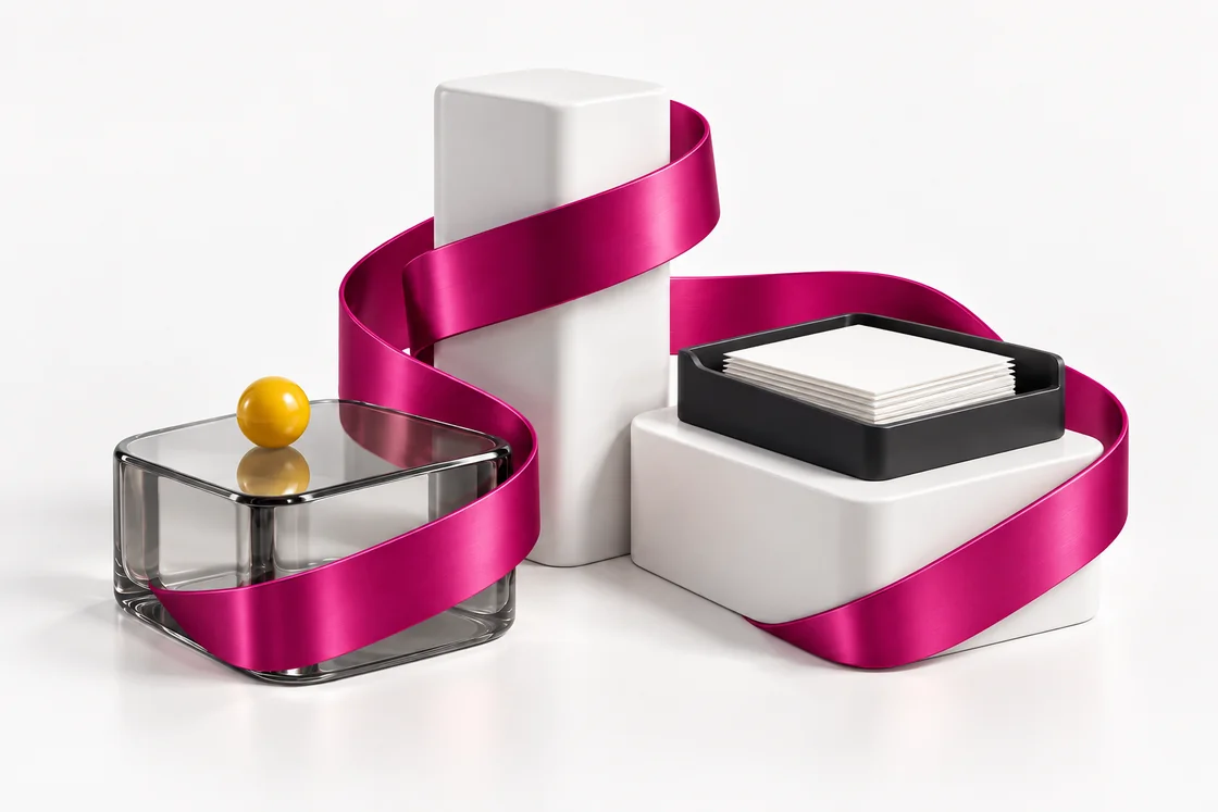 A magenta ribbon connecting architectural objects and documents, representing connected business work.